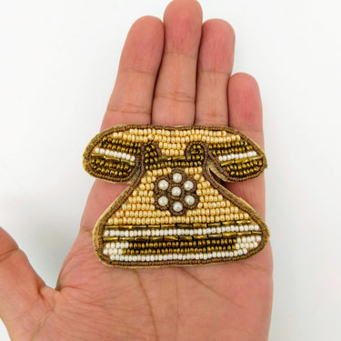 Retro Telephone Beaded Applique, Hand Embroidered In Beige, Bronze And Beige Beads